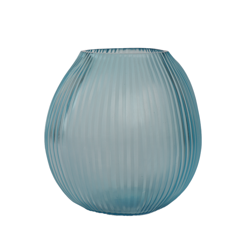 Glazen vaasje, licht blauwe ribbel vaas, bloemenvaas glas